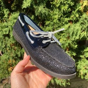 Sperry Top Sider Black Silver Glitter Slip On Loafer Boat Shoe Women’s Size 7M